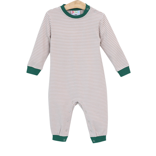 Thomas Romper- Tan Stripe & Hunter Green