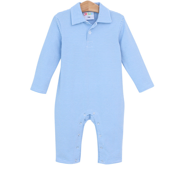 Michael Polo LS Romper- Cornflower Blue Stripe