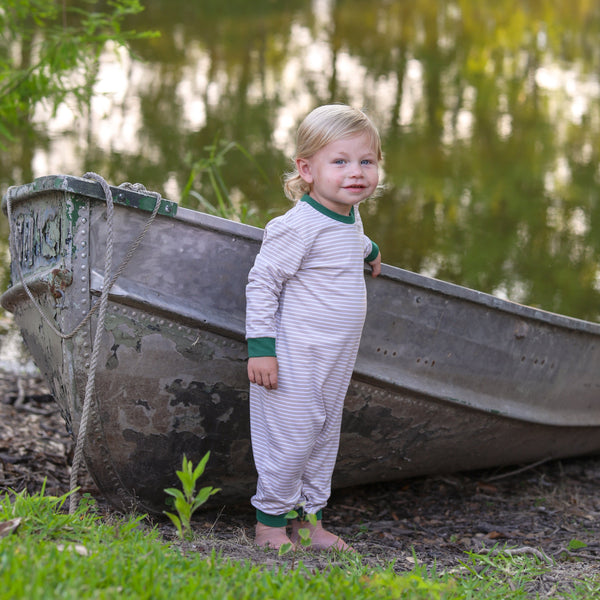 Thomas Romper- Tan Stripe & Hunter Green