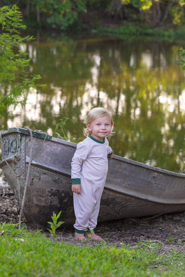 Thomas Romper- Tan Stripe & Hunter Green