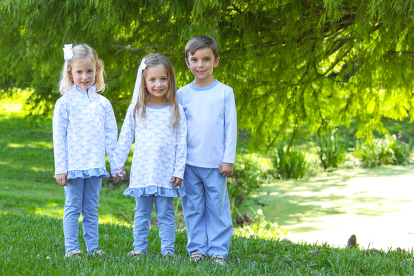 Blue Trellis Bow Ruffle Pants Set