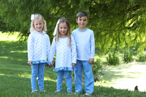 Blue Trellis Bow Ruffle Pants Set