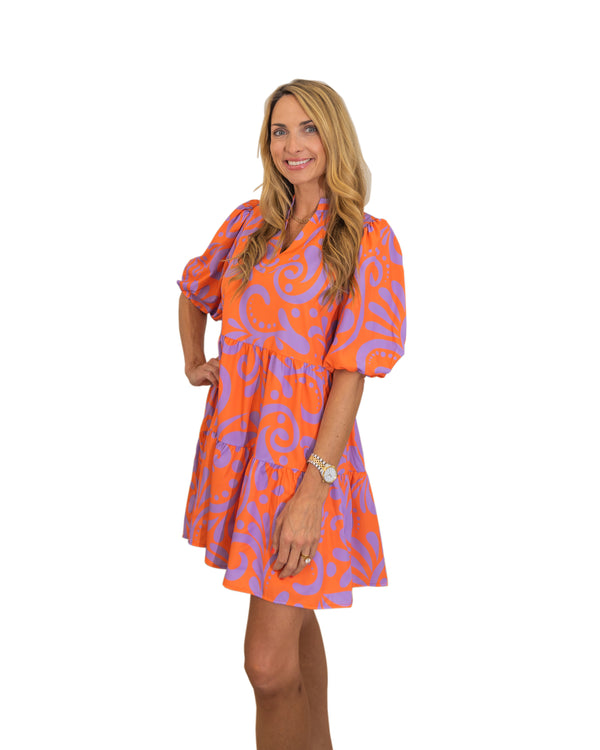 Puff Sleeve Pattern Print Dress