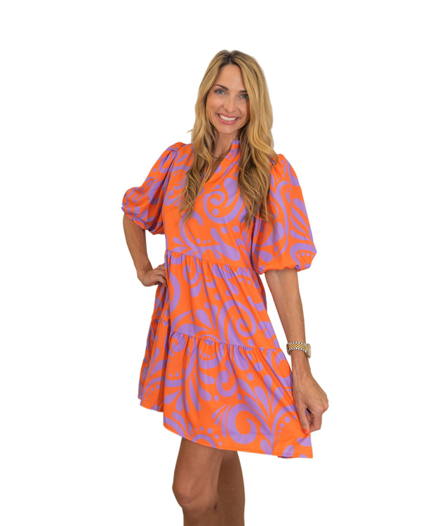 Puff Sleeve Pattern Print Dress