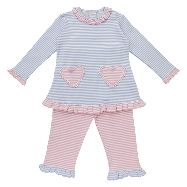 Heart Pocket Ruffle Pants Set- Blue/Pink