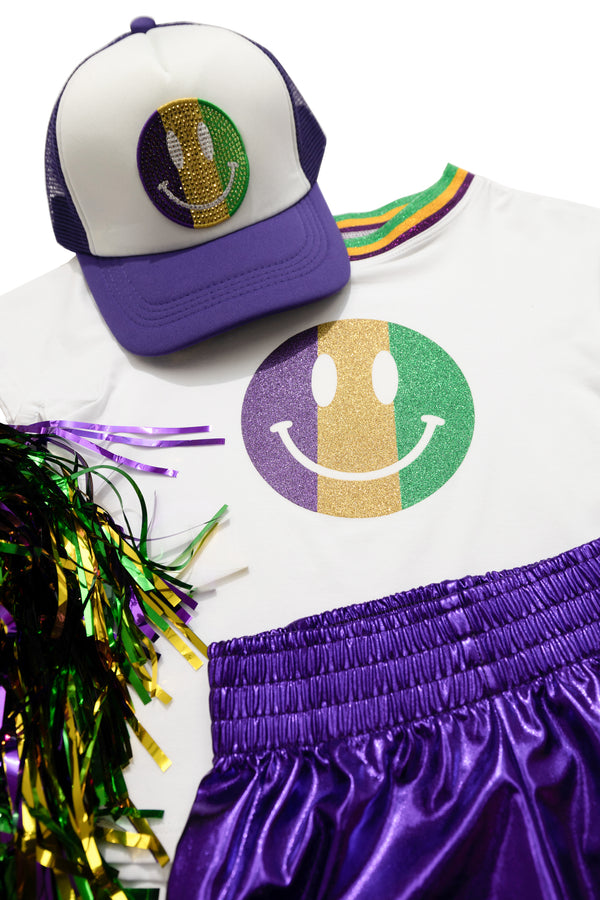 Smiley Face Rhinestone Trucker Cap- Mardi Gras