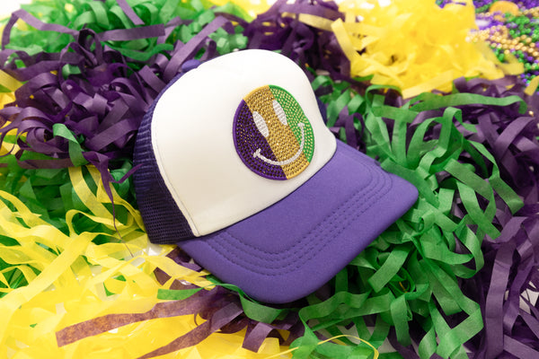 Smiley Face Rhinestone Trucker Cap- Mardi Gras