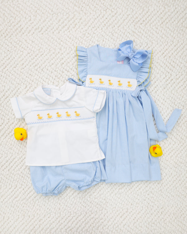 Ducks W/ Side Bows Dress- Blue Check