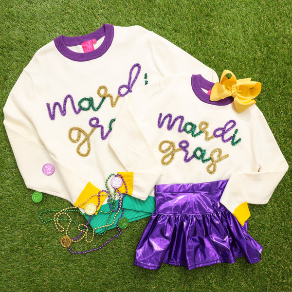 Colorblock Mardi Gras Glitter Script Sweater- White (Women's)