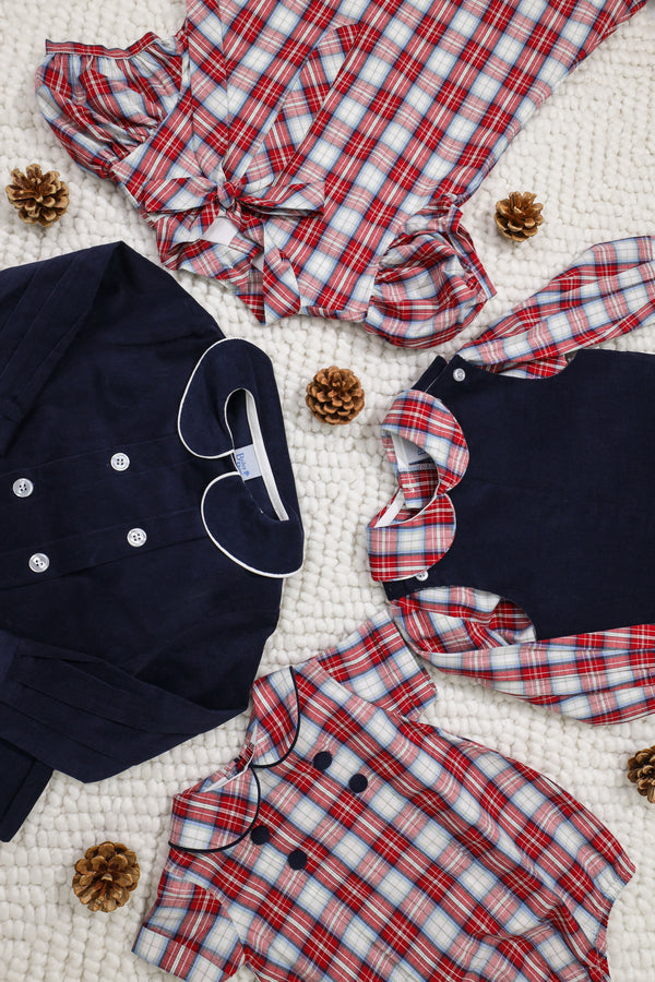 Cranberry W/ Navy Cord-Boys Piped Shirt