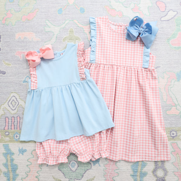 Evie Dress- Pink Gingham and Light Blue