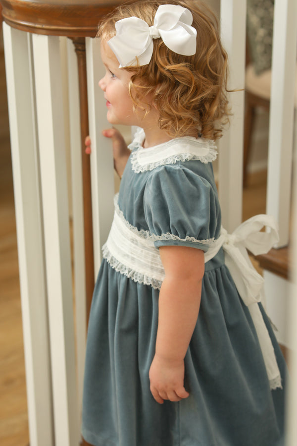 White & Blue Velvet Dress W/ Lace