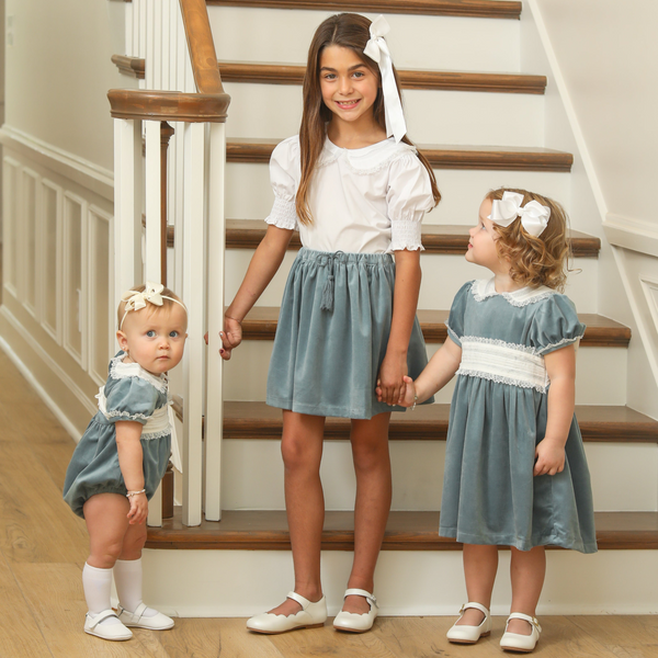 White & Blue Velvet Dress W/ Lace