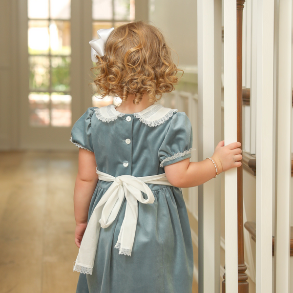 White & Blue Velvet Dress W/ Lace