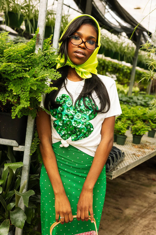 White & Green Sequin Flower Shamrock Tee- (Women's)