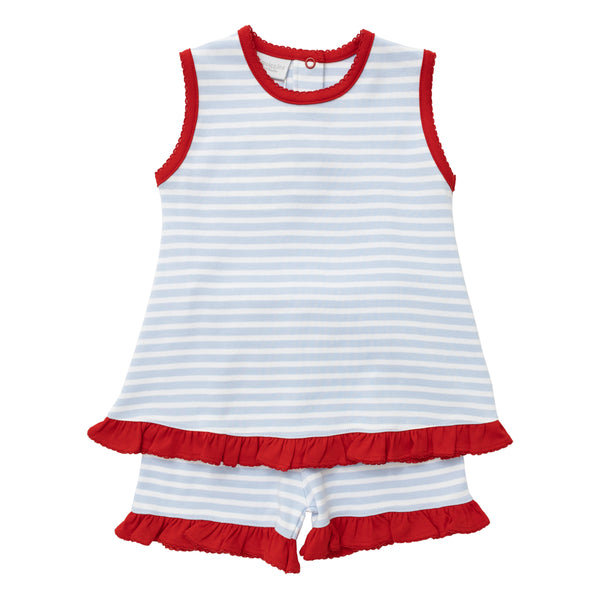 Short Set w/ Ruffles & Trim- Blue Stripe/Red