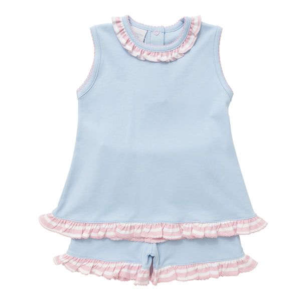 Short Set w/ Ruffles - Light Blue/Pink