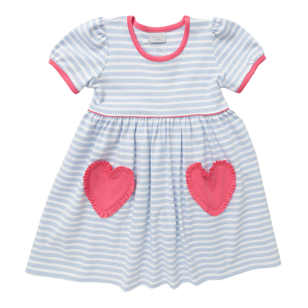 Heart Pocket Dress- Light Blue Stripe/Hot Pink