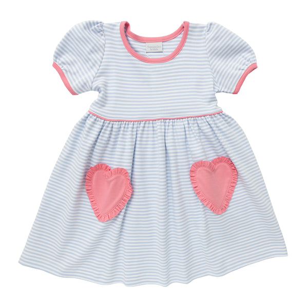 Heart Pocket Dress- Light Blue Stripe/Pink