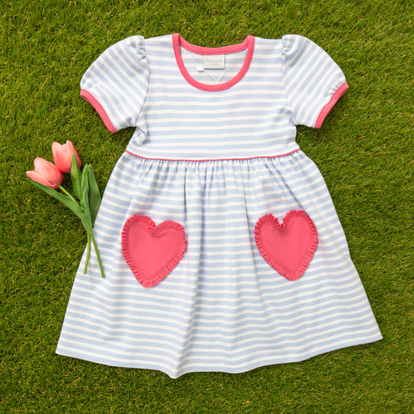 Heart Pocket Dress- Light Blue Stripe/Hot Pink