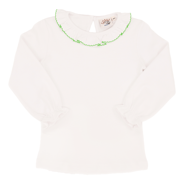 Ruffle Collar Top - White w/ Green