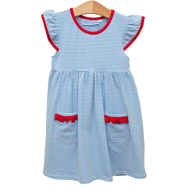 Lucy Dress- Cornflower Stripe/Red