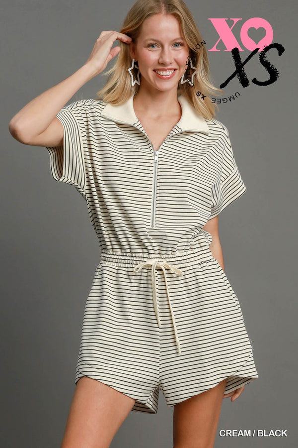 Half Zip Romper- Cream/Black Stripe