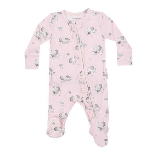 Elephants 2 Way Ruffle Zipper Footie- Pink