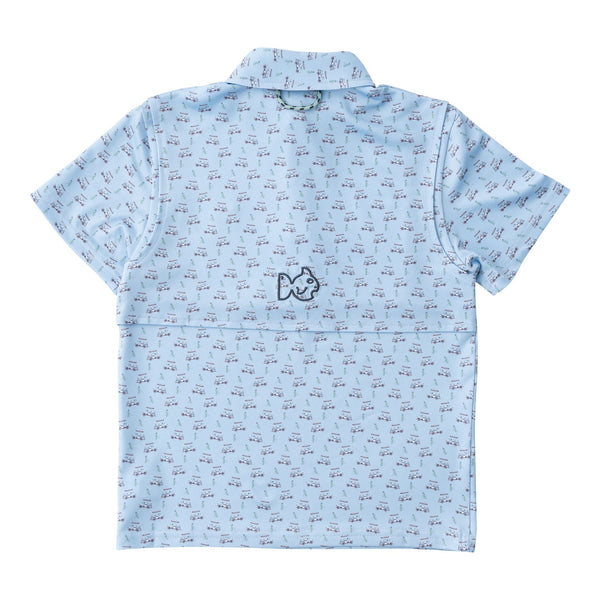 Pro Performance Polo- Powder Blue Golf Cart Print