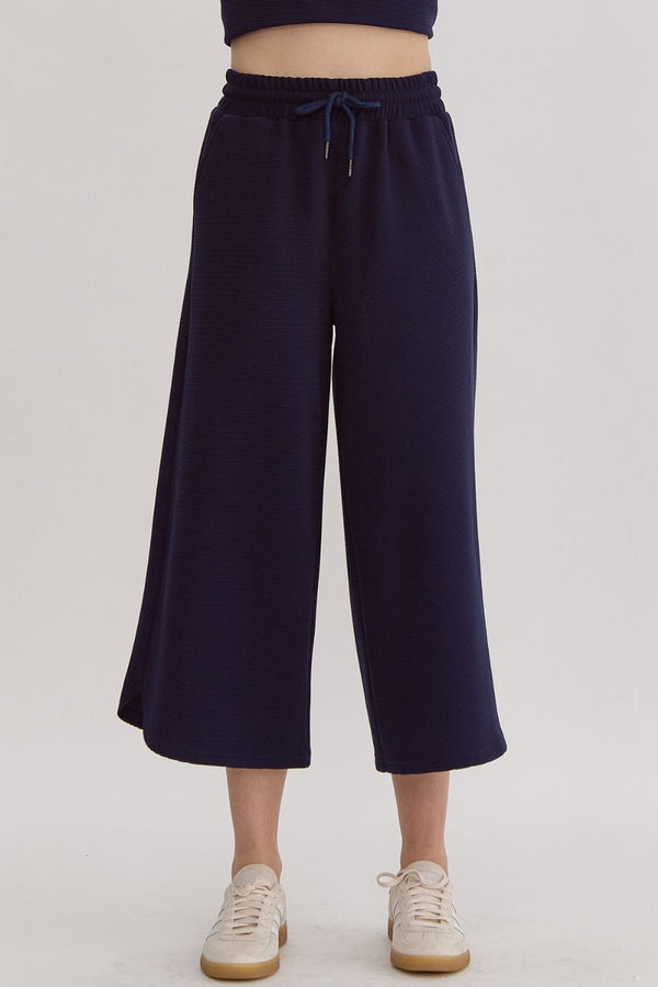 Textured Ruffle Sleeve Pants Set- Navy