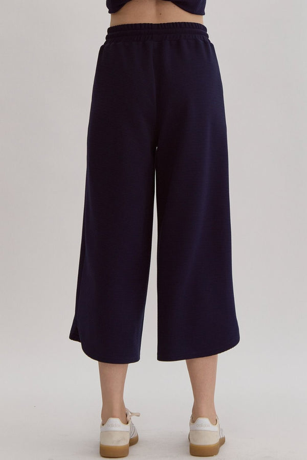 Textured Ruffle Sleeve Pants Set- Navy