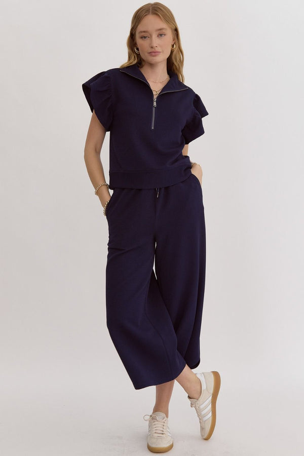 Textured Ruffle Sleeve Pants Set- Navy