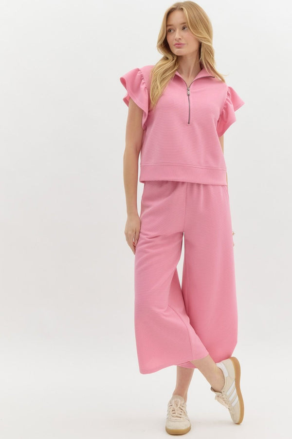 Textured Solid Ruffle Pants Set- Light Pink