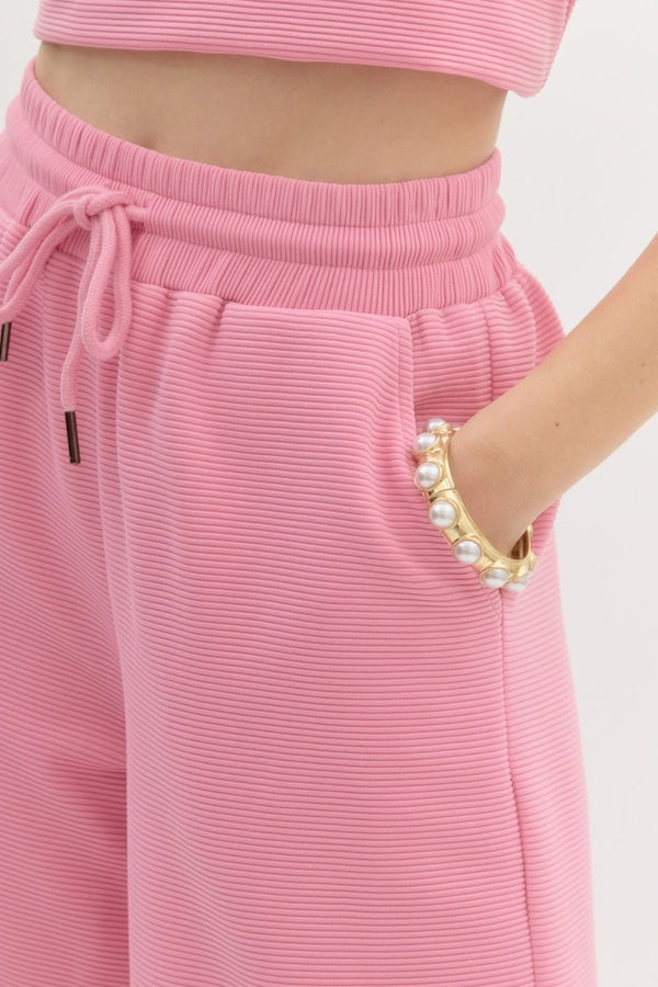 Textured Solid Ruffle Pants Set- Light Pink