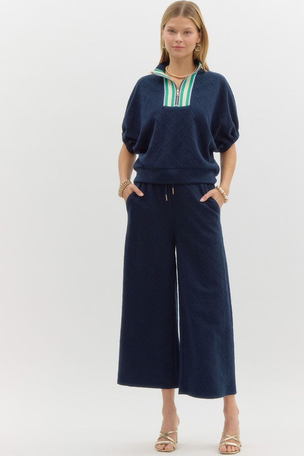 Embossed Knit Half Zip Pants Set- Navy