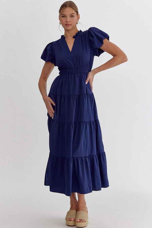 Split V-Neck Tiered Midi Dress- Navy