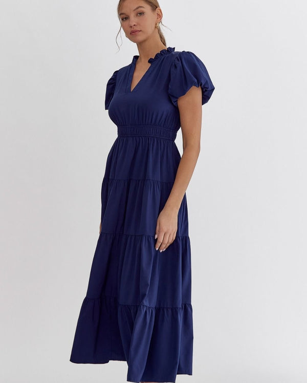 Split V-Neck Tiered Midi Dress- Navy