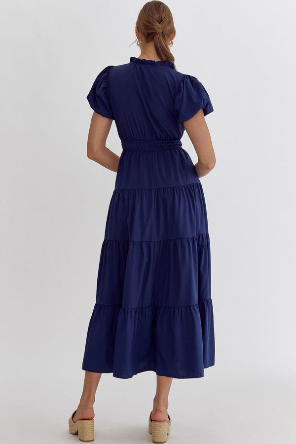 Split V-Neck Tiered Midi Dress- Navy