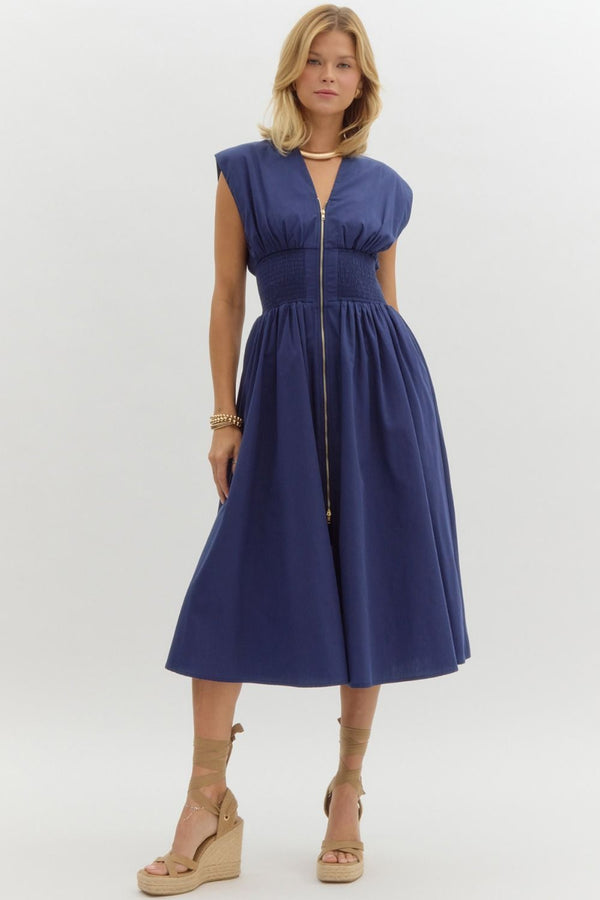 V-Neck Midi Dress- Navy