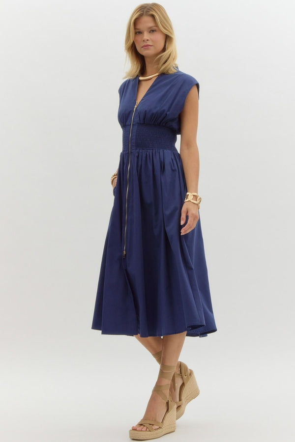 V-Neck Midi Dress- Navy