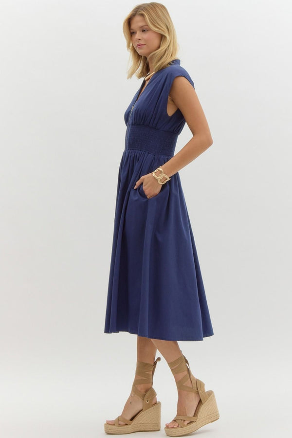 V-Neck Midi Dress- Navy