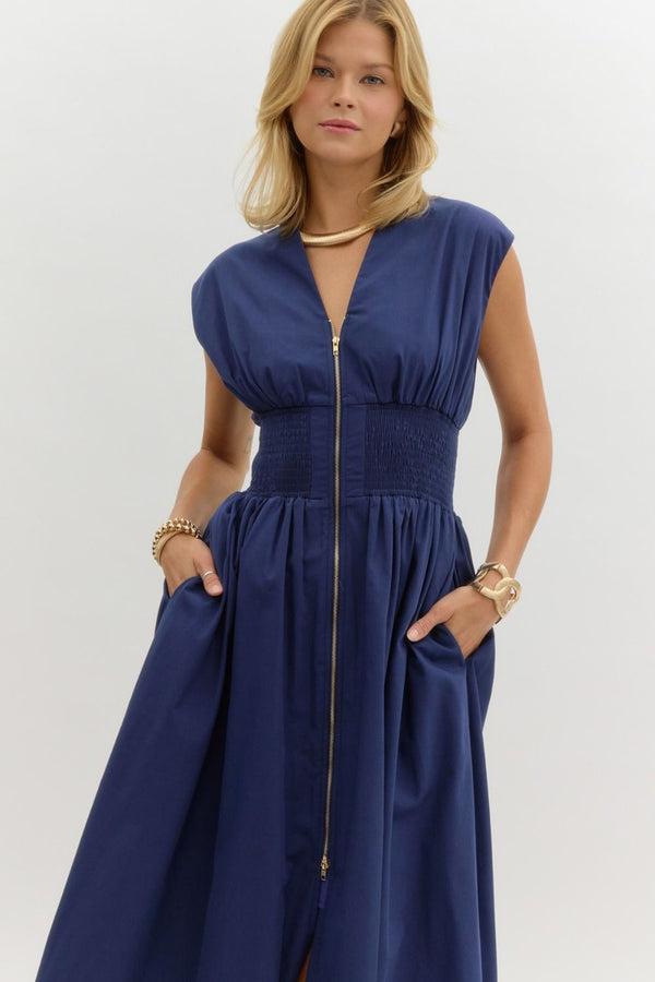 V-Neck Midi Dress- Navy