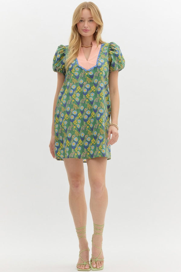 Short Bubble Sleeve Pullover Dress- Green Floral Print