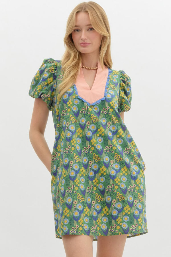 Short Bubble Sleeve Pullover Dress- Green Floral Print