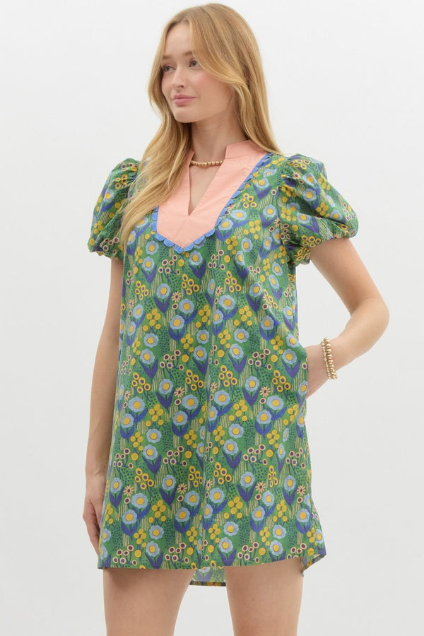 Short Bubble Sleeve Pullover Dress- Green Floral Print