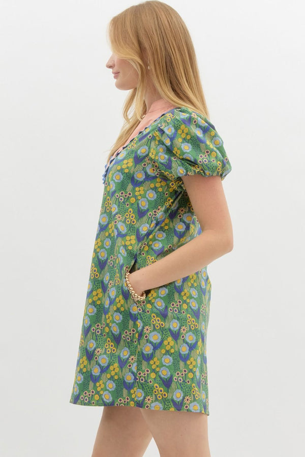 Short Bubble Sleeve Pullover Dress- Green Floral Print