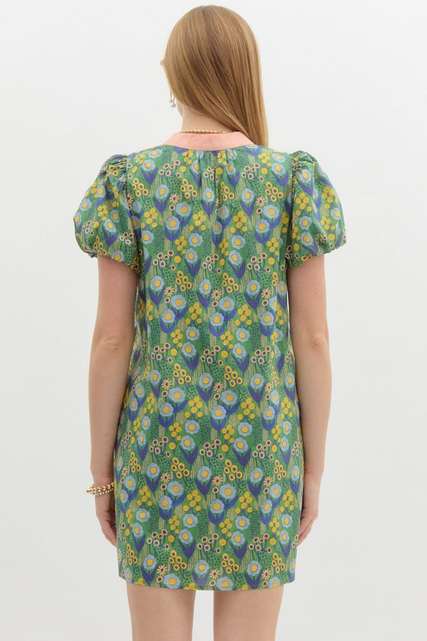 Short Bubble Sleeve Pullover Dress- Green Floral Print