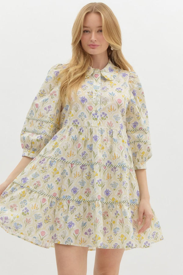 Tiered Floral Print Dress- Green Tea