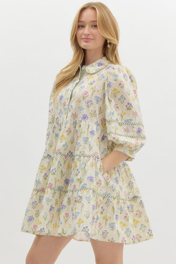 Tiered Floral Print Dress- Green Tea