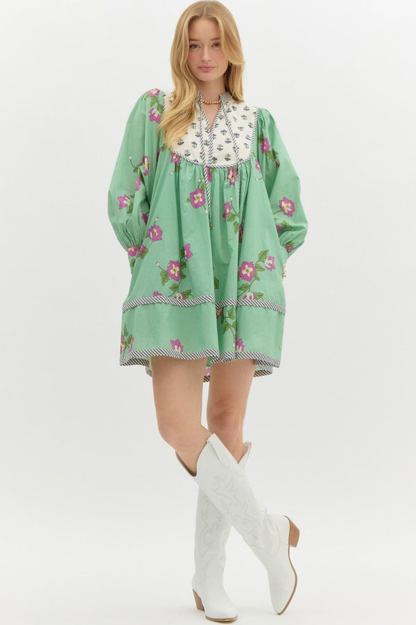 Bishop Sleeve Pullover Dress- Pistachio